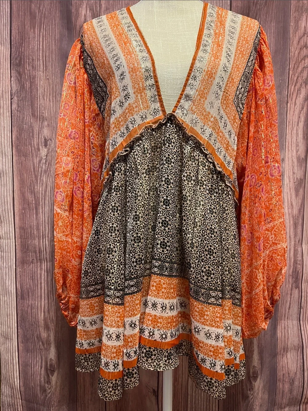 Free People Aliyah Orange Printed Boho Tunic with Balloon Sleeves